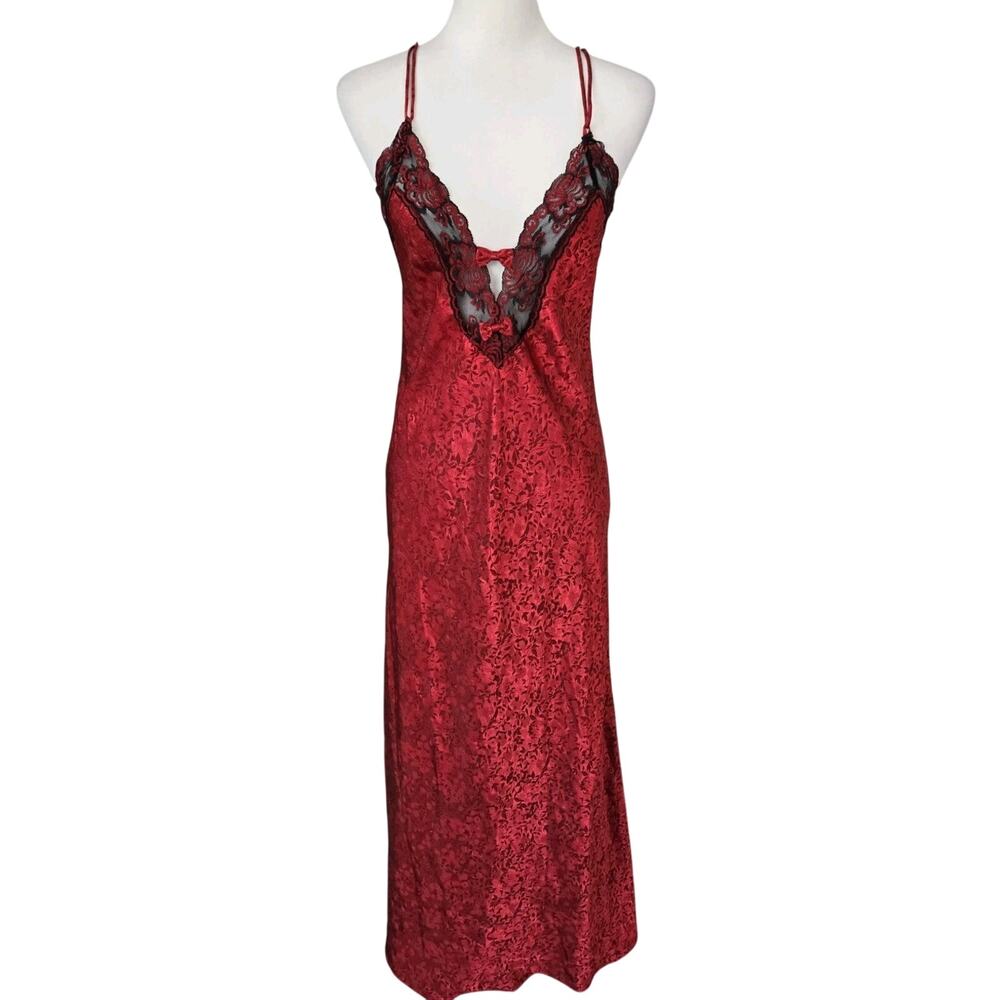 Vtg 60s Juli Lingerie Slumbertogs Red Satin Jacquard Black Lace Nightgown Sz S